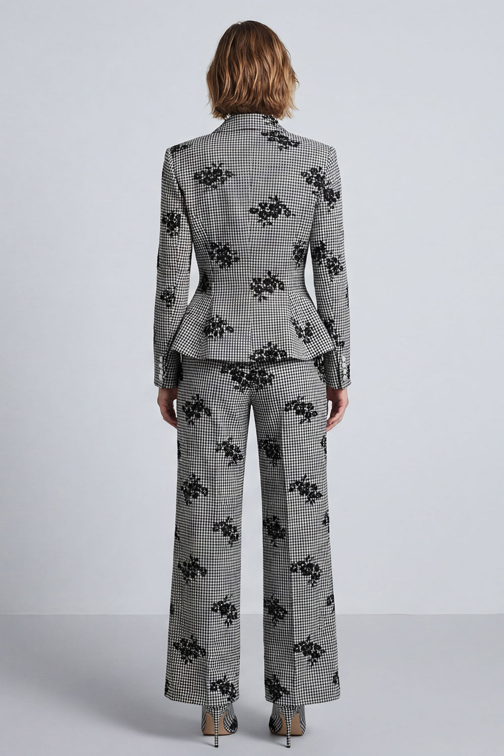 Black and White Plaid Floral 2-Piece Work Suits