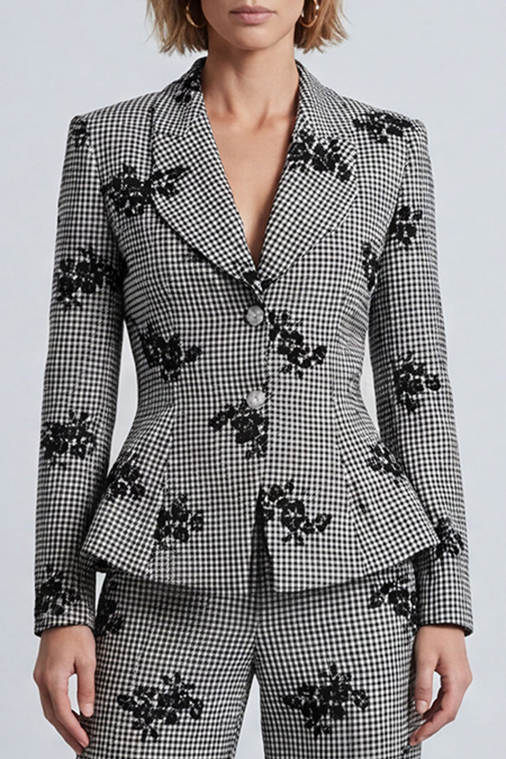Black and White Plaid Floral 2-Piece Work Suits