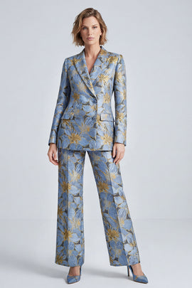 Dusty Blue Jacquard Peak Lapel Two Piece Prom Suits
