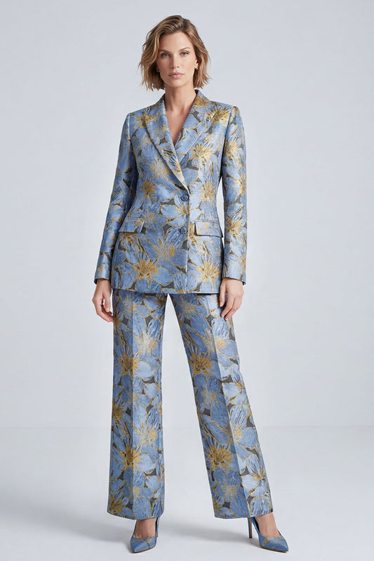 Dusty Blue Jacquard Peak Lapel Two Piece Prom Suits