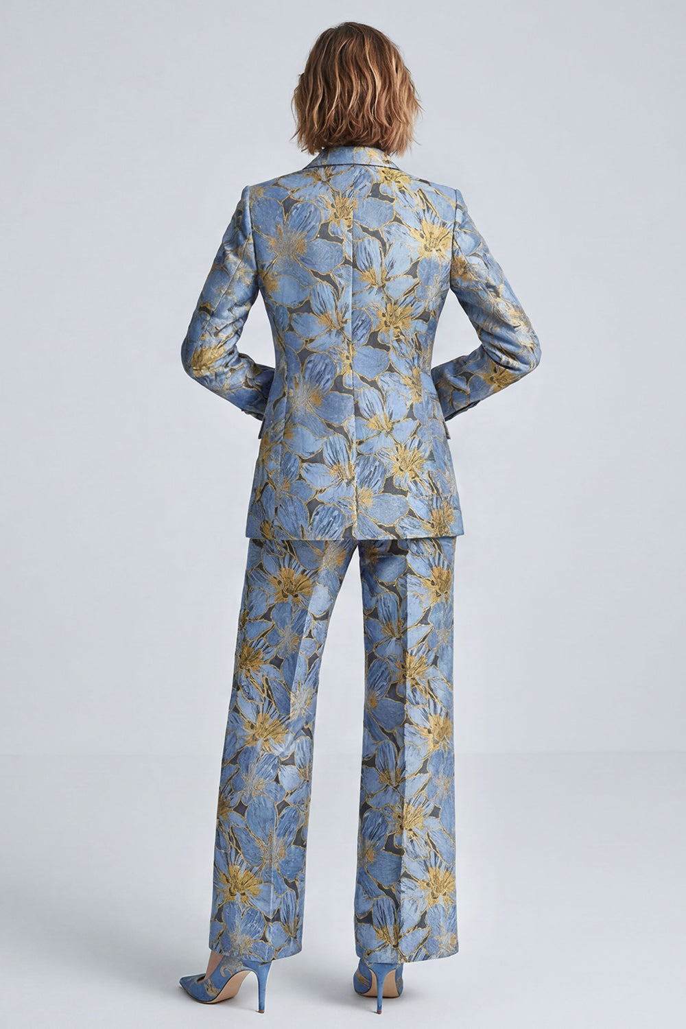 Dusty Blue Jacquard Peak Lapel Two Piece Prom Suits