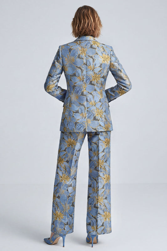 Dusty Blue Jacquard Peak Lapel Two Piece Prom Suits