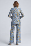 Dusty Blue Jacquard Peak Lapel Two Piece Prom Suits