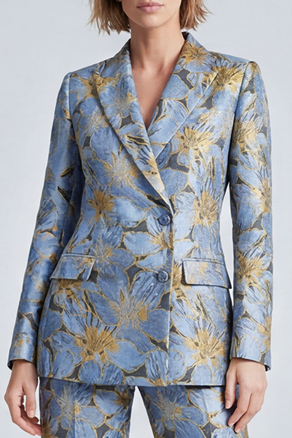 Dusty Blue Jacquard Peak Lapel Two Piece Prom Suits
