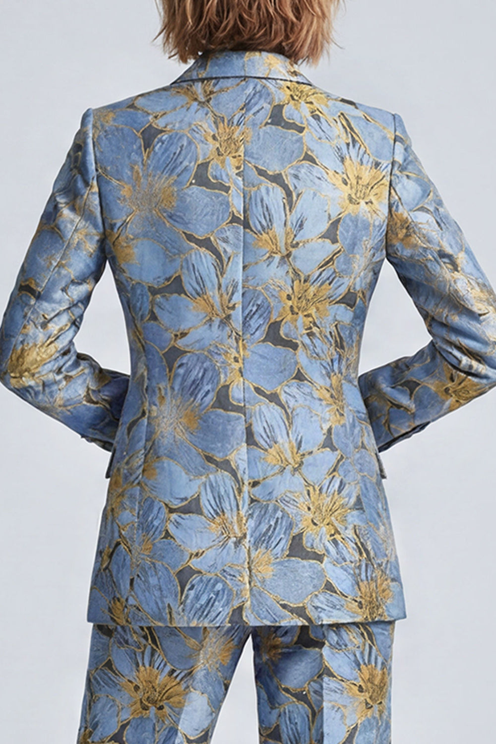Dusty Blue Jacquard Peak Lapel Two Piece Prom Suits