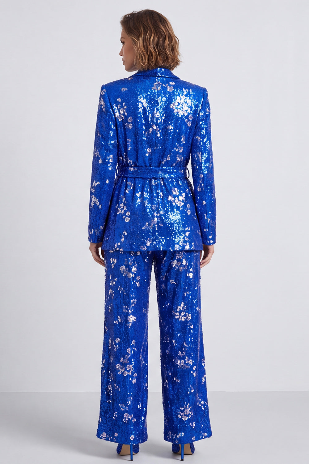 Sparkly Royal Blue Sequins Shawl Lapel 2 Piece Prom Suits with Sash