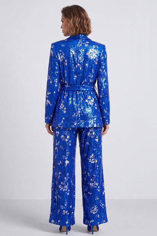 Sparkly Royal Blue Sequins Shawl Lapel 2 Piece Prom Suits with Sash
