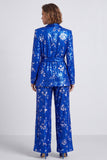 Sparkly Royal Blue Sequins Shawl Lapel 2 Piece Prom Suits with Sash