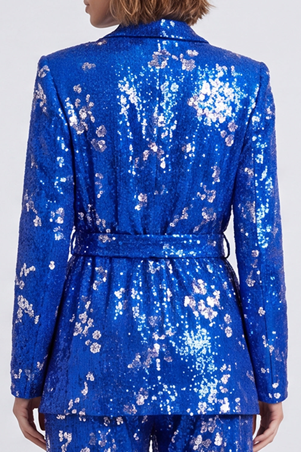 Sparkly Royal Blue Sequins Shawl Lapel 2 Piece Prom Suits with Sash
