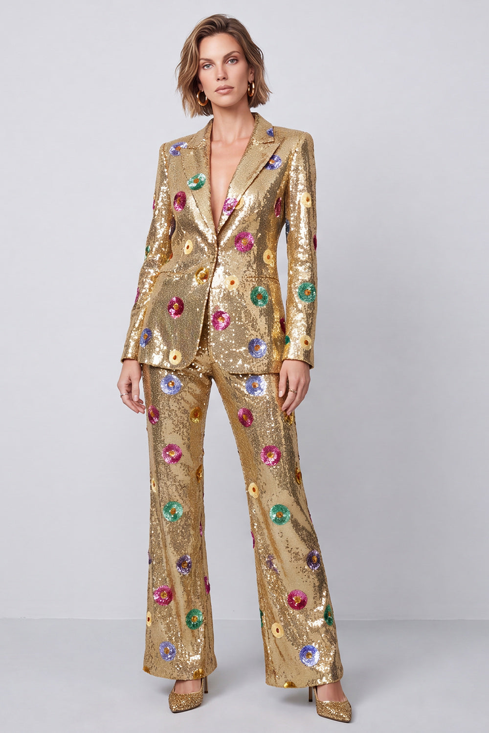 Sparkly Gold Sequins Peak Lapel 2 Piece Prom Suits