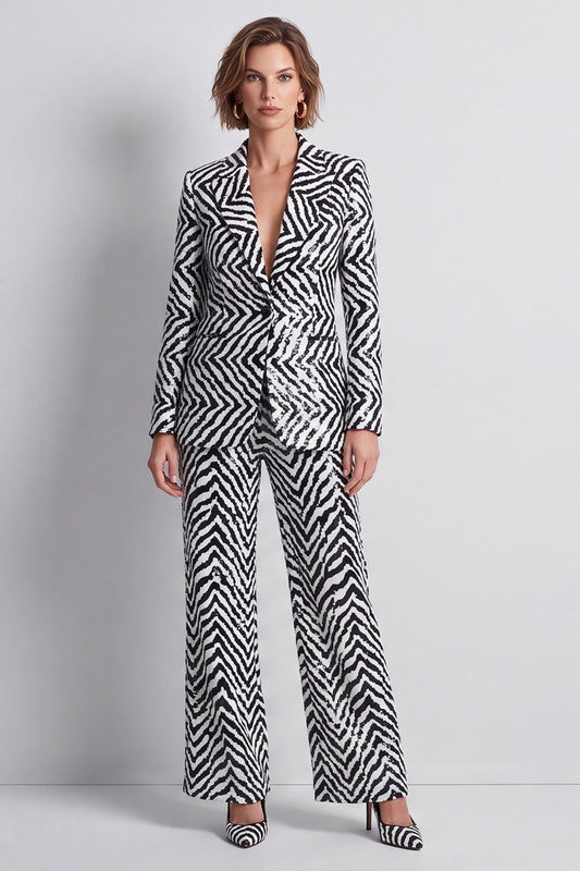 Black and White Striped Sequin Peak Lapel 2 Piece Work Suits
