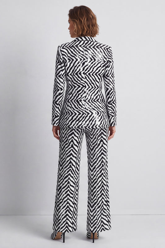 Black and White Striped Sequin Peak Lapel 2 Piece Work Suits