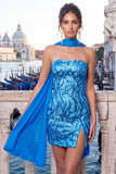 Sparkly Red Sequin Tight Short Homecoming Dress with Neck Scarf