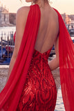 Sparkly Red Sequin Tight Short Homecoming Dress with Neck Scarf