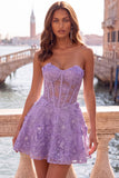 Sparkly Sky Blue Floral Corset A-Line Short Homecoming Dress