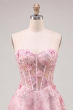 Sparkly Sky Blue Floral Corset A-Line Short Homecoming Dress