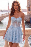 Sparkly Sky Blue Floral Corset A-Line Short Homecoming Dress