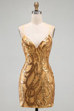 Sparkly Gold Sequin Tight V-Neck Short Homecoming Dress