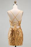 Sparkly Gold Sequin Tight V-Neck Short Homecoming Dress