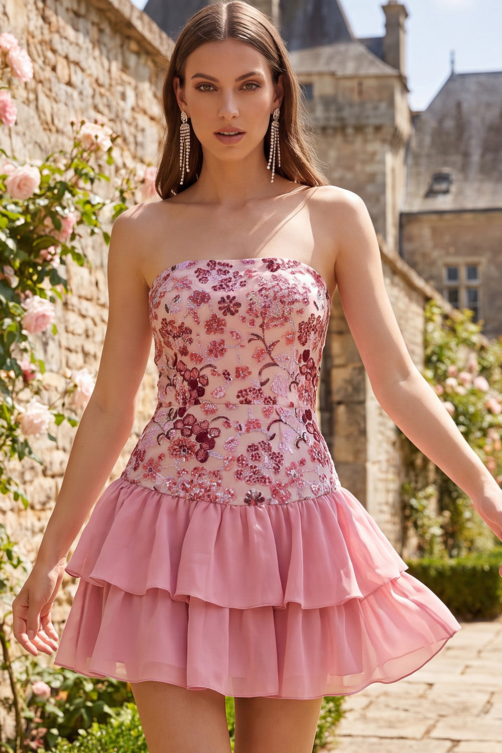 Sparkly Sky Blue Floral Sequin Ruffled Short Homecoming Dress