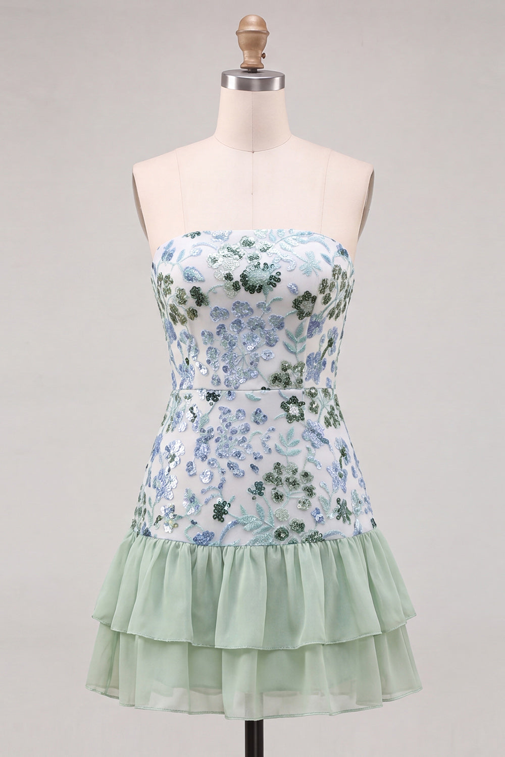 Sparkly Sky Blue Floral Sequin Ruffled Short Homecoming Dress