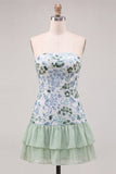 Sparkly Sky Blue Floral Sequin Ruffled Short Homecoming Dress