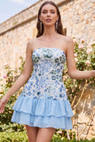 Sparkly Sky Blue Floral Sequin Ruffled Short Homecoming Dress