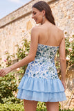 Sparkly Sky Blue Floral Sequin Ruffled Short Homecoming Dress