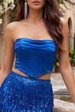 Sparkly Royal Blue Corset Sequin Short Homecoming Dress with Fringes