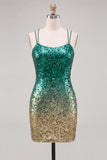 Sparkly Green and Gold Sequin Short Tight Homecoming Dress