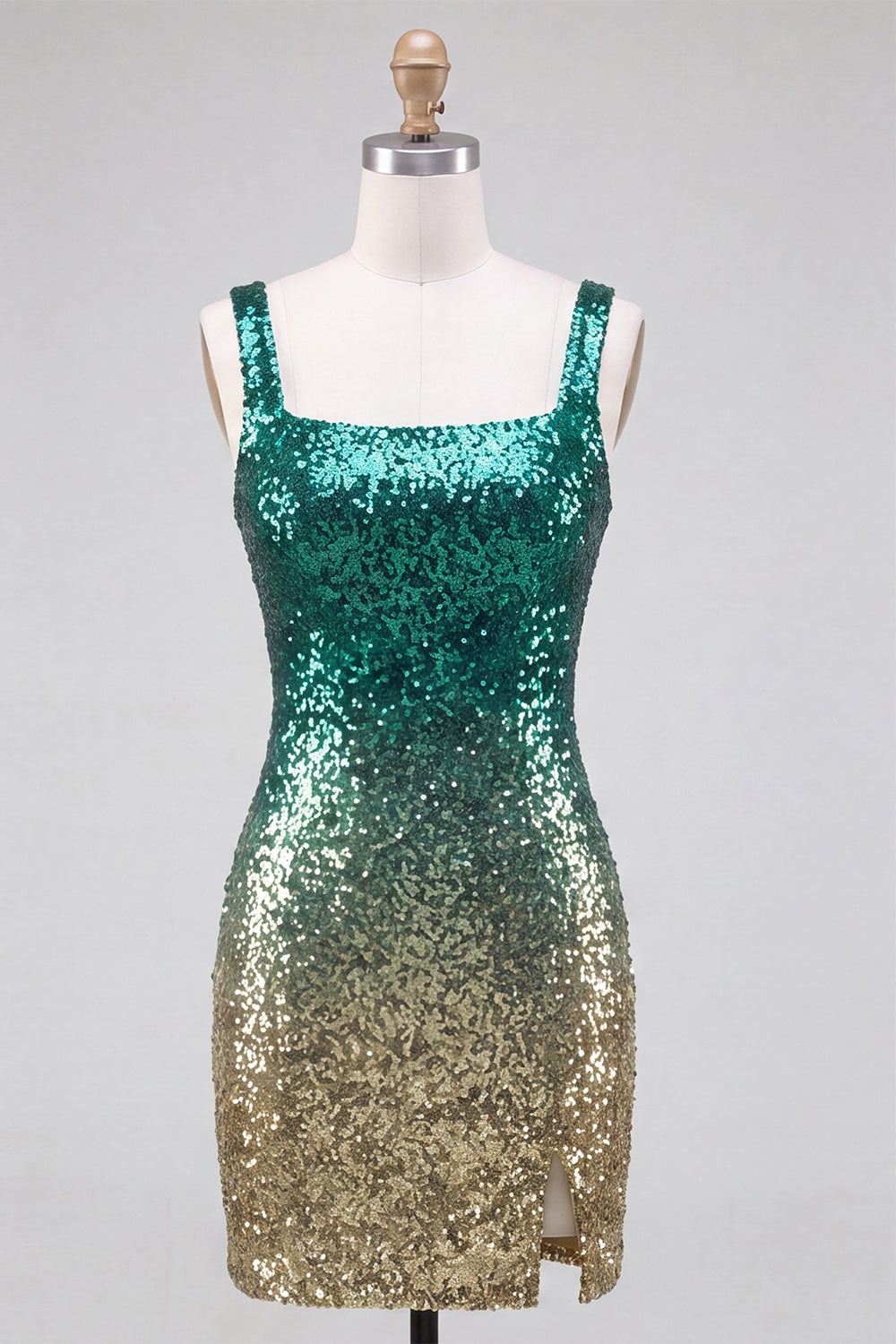 Green and Gold Sparkly Sequin Short Tight Homecoming Dress with Slit