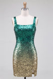 Green and Gold Sparkly Sequin Short Tight Homecoming Dress with Slit