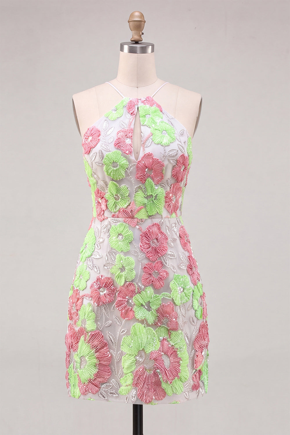 Pink and Green Flower Keyhole Halter Tight Short Homecoming Dress