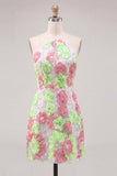 Pink and Green Flower Keyhole Halter Tight Short Homecoming Dress