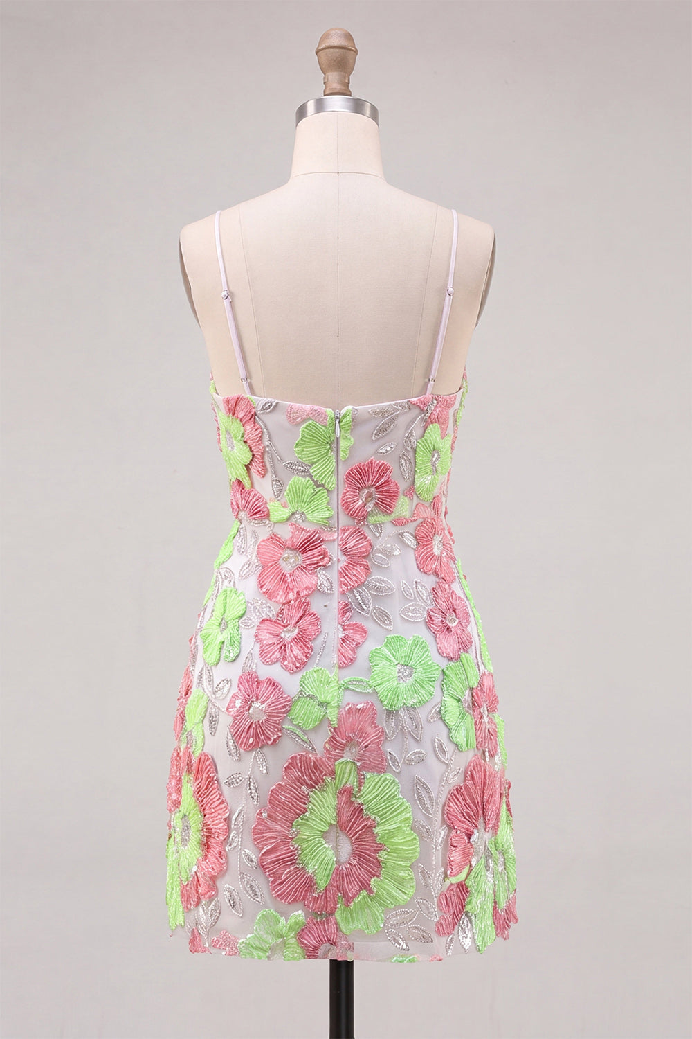 Pink and Green Flower Keyhole Halter Tight Short Homecoming Dress