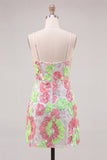Pink and Green Flower Keyhole Halter Tight Short Homecoming Dress