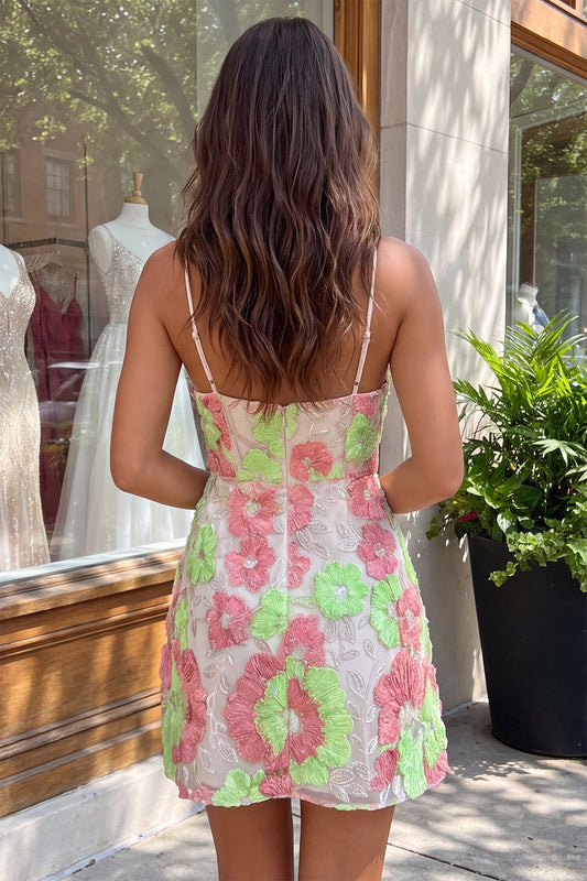 Pink and Green Flower Keyhole Halter Tight Short Homecoming Dress