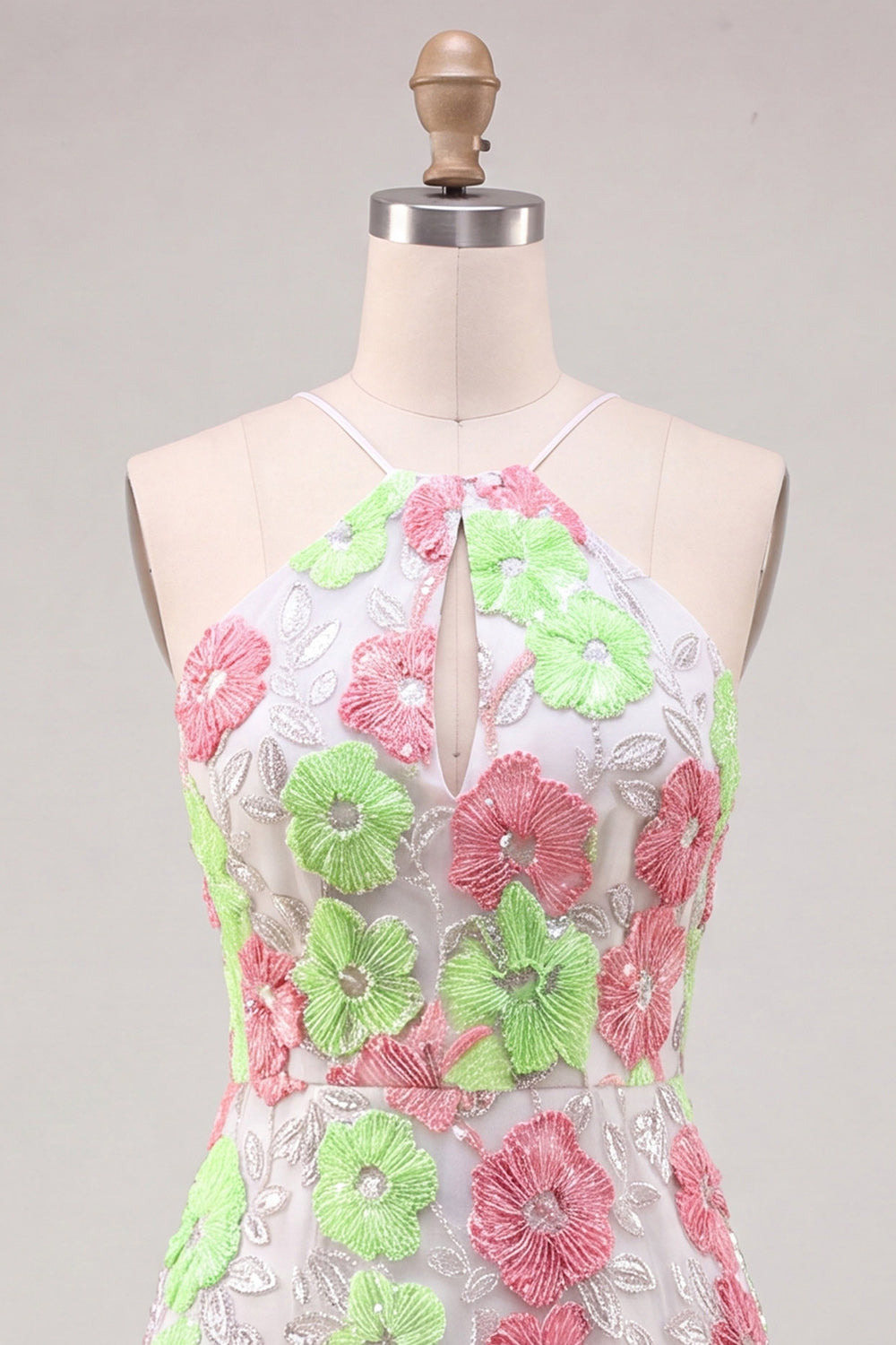 Pink and Green Flower Keyhole Halter Tight Short Homecoming Dress