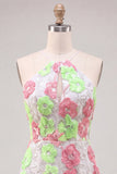 Pink and Green Flower Keyhole Halter Tight Short Homecoming Dress