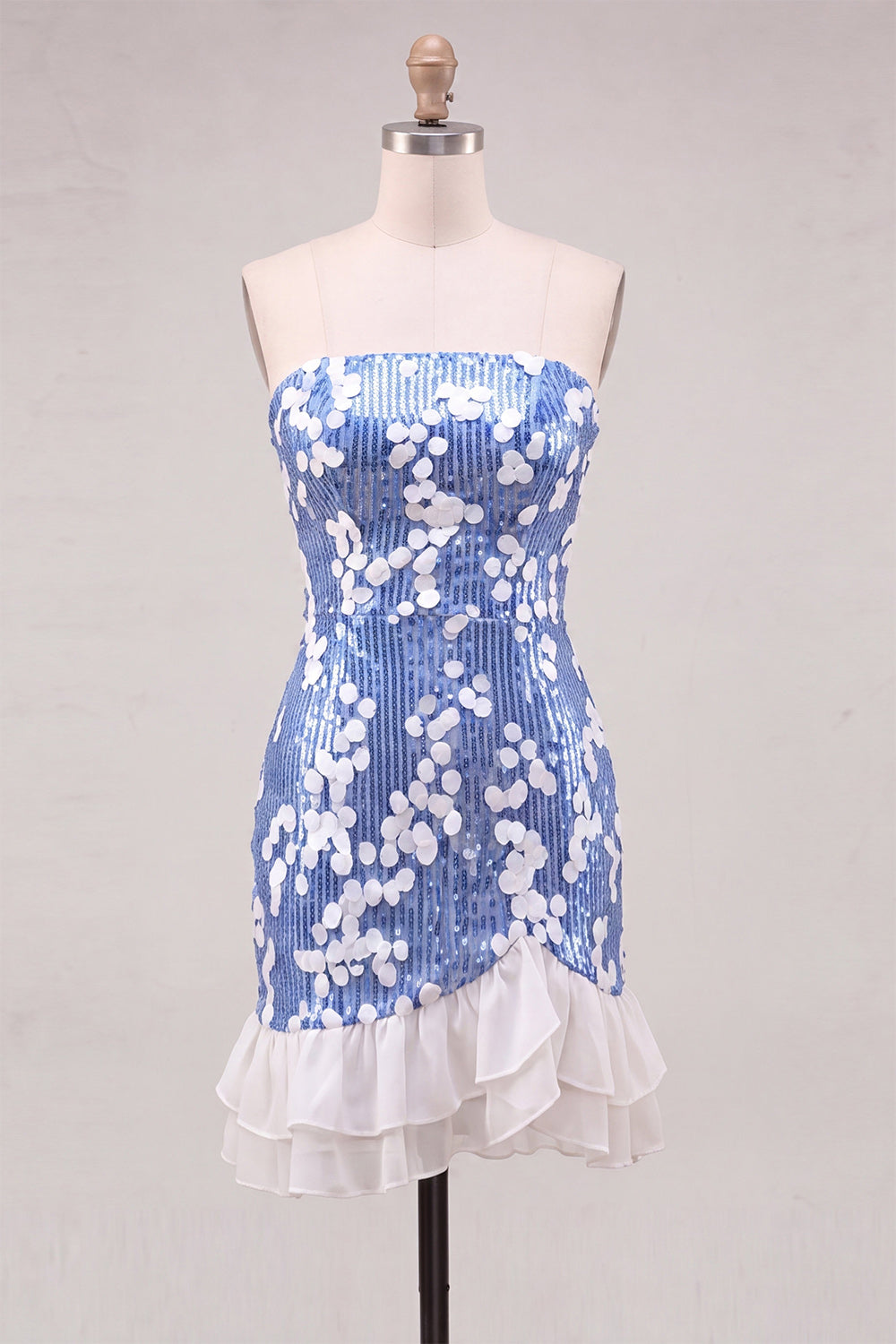 Sparkly Blue Sequin Strapless Short Homecoming Dress with Ruffles