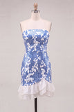 Sparkly Blue Sequin Strapless Short Homecoming Dress with Ruffles