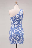 Sparkly Blue Sequin One Shoulder Tight Short Homecoming Dress