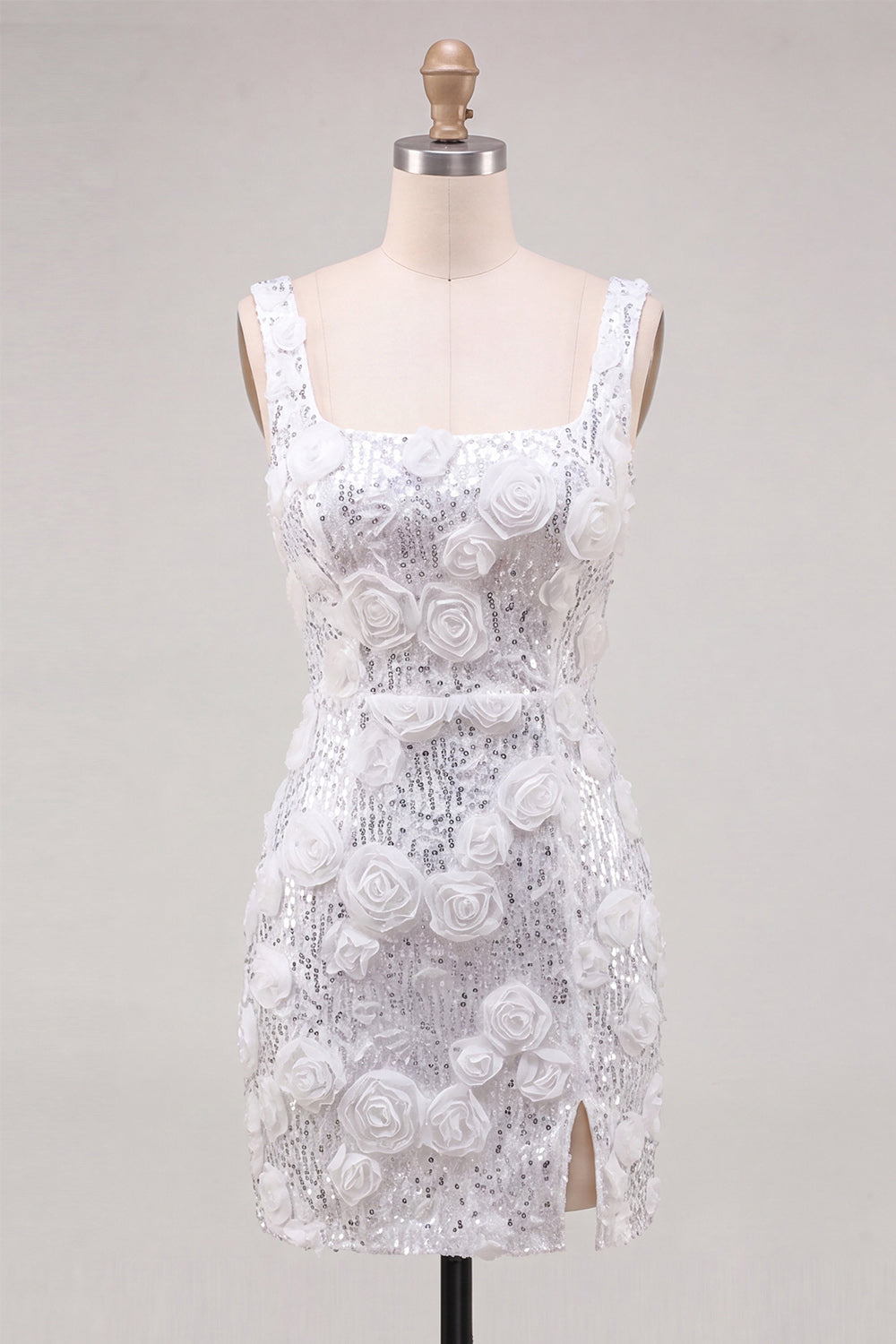 Ivory Floral Sparkly Sequin Short Tight Homecoming Dress with Slit