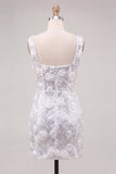 Ivory Floral Sparkly Sequin Short Tight Homecoming Dress with Slit