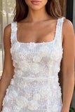 Ivory Floral Sparkly Sequin Short Tight Homecoming Dress with Slit