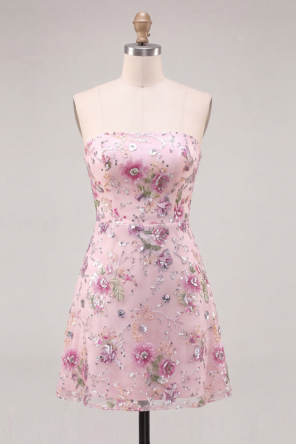 Sparkly Pink Floral Beaded Strapless A Line Short Homecoming Dress