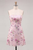 Sparkly Pink Floral Beaded Strapless A Line Short Homecoming Dress