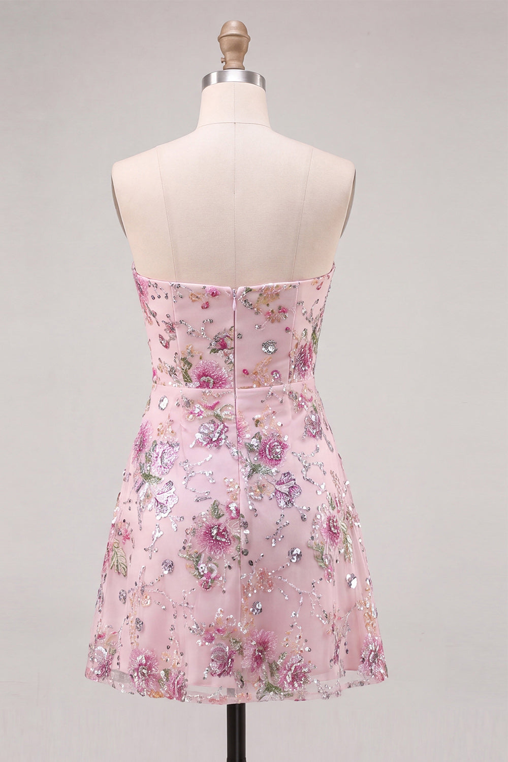 Sparkly Pink Floral Beaded Strapless A Line Short Homecoming Dress