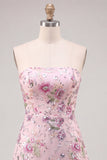 Sparkly Pink Floral Beaded Strapless A Line Short Homecoming Dress