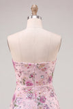 Sparkly Pink Floral Beaded Strapless A Line Short Homecoming Dress